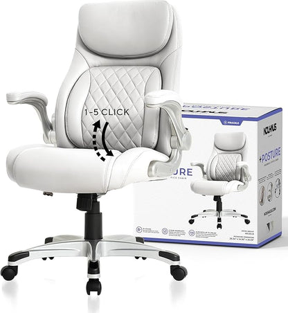 Nouhaus +Posture Ergonomic PU Leather Office Chair. Click5 Lumbar Support with FlipAdjust Armrests. Modern Executive Chair and Computer Desk Chair (White)