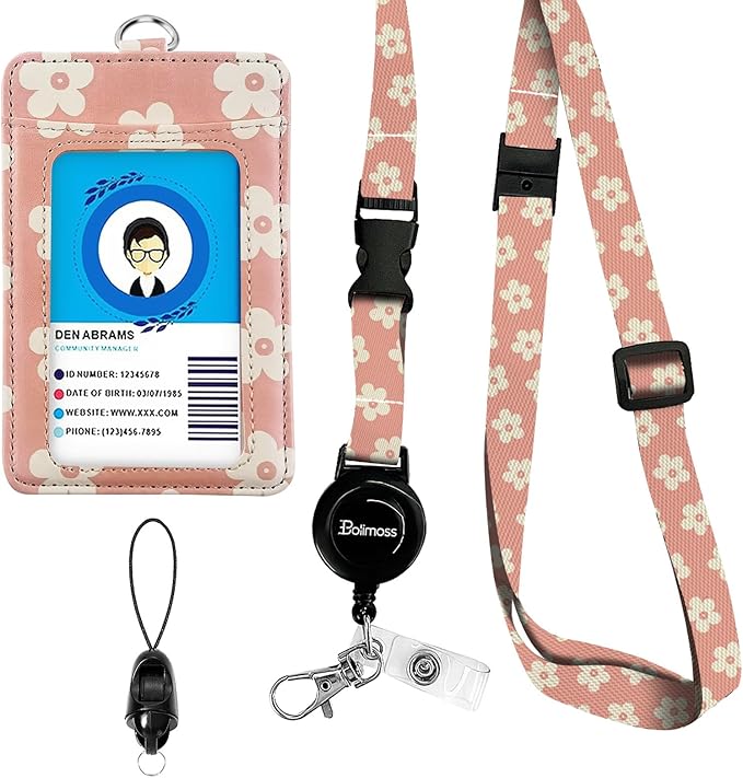 bolimoss Cute Leather Badge Holder and Adjustable Retractable Lanyards, Quick Release Buckle and Safety Breakaway Lanyards with Swivel Metal Clasp for Offices, Teacher, Student (Pink Groovy Flowers)