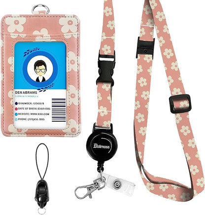 bolimoss Cute Leather Badge Holder and Adjustable Retractable Lanyards, Quick Release Buckle and Safety Breakaway Lanyards with Swivel Metal Clasp for Offices, Teacher, Student (Pink Groovy Flowers)