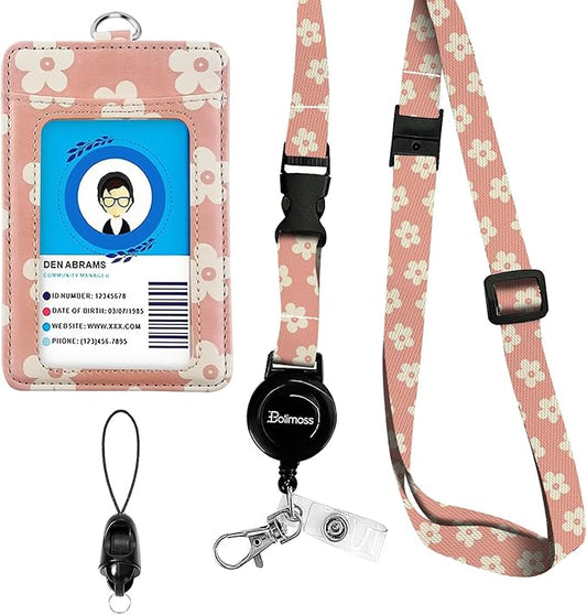 bolimoss Cute Leather Badge Holder and Adjustable Retractable Lanyards, Quick Release Buckle and Safety Breakaway Lanyards with Swivel Metal Clasp for Offices, Teacher, Student (Pink Groovy Flowers)