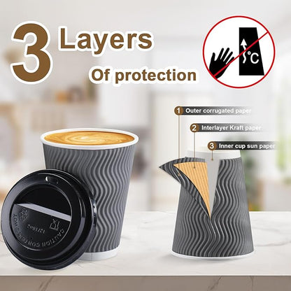 100 Pack 12 oz Disposable Coffee Cups with Lids, Insulated Ripple Wall To-Go Paper Coffee Cups Suitable for Chocolate Cocoa and Hot/Cold Drinks (Grey)