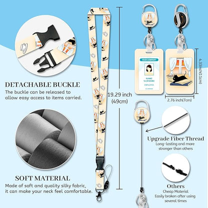 Lanyards for Id Badges, Black Cat Badge Holder with Retractable Reel Clip, Cute Work Name Tags Keychain Lanyard ID Card Protector Cover Case for Women Teacher Nurse Nursing Doctor Office
