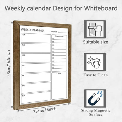 Dry Erase White Board Weekly Calendar Board, Magnetic Whiteboard for Wall,13“x17 Solid Wood Rustic Brown Framed Message Board, Planner Board for Office, Home, School(Weekly-BB-RB-3343)