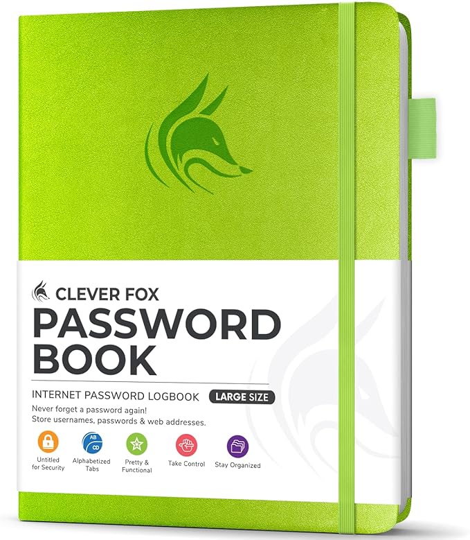 Clever Fox Password Book with Alphabetical tabs. Internet Address Organizer Logbook. Large Password Keeper for Website Logins (Green)