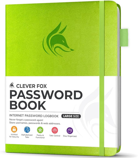 Clever Fox Password Book with Alphabetical tabs. Internet Address Organizer Logbook. Large Password Keeper for Website Logins (Green)