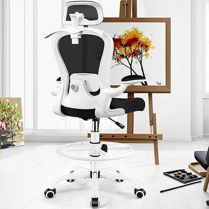 Drafting Chair, Tall Office Chair with 3D Lumbar & Head Support, Ergonomic Mesh Standing Desk Chair with Footring, Comfy Extended High Desk Chair with Flip-Up Arms & Hanger(White)