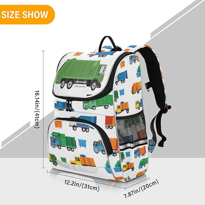 Garbage Trucks Backpack with Reflective Strip for Kids Boys Girls Elementary School Bag Removable Chest Strap