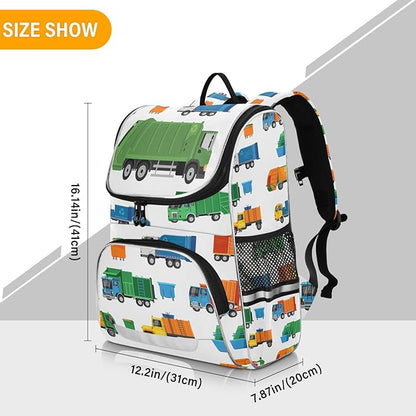 Garbage Trucks Backpack with Reflective Strip for Kids Boys Girls Elementary School Bag Removable Chest Strap