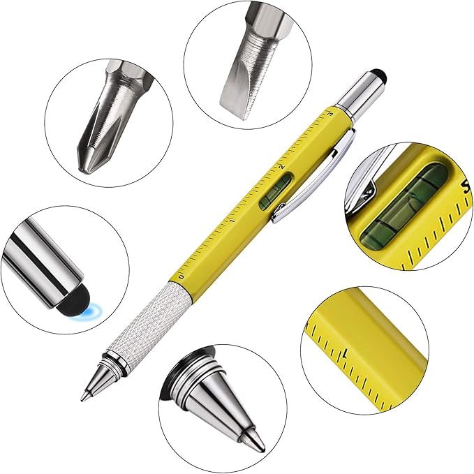 Zhanmai 8 Pcs Gift Pen for Men 6 in 1 Multitool Tool Pen with Refills Screwdriver, Ruler, Levelgauge,Fathers Christmas Graduation party Supplies(Gold, Black, Silver, Yellow)