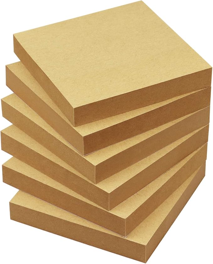 Sticky Notes 3x3 Self-Stick Notes Pads with 6 Bright Colors, Easy to Post for Office, Shool, Home, 6 Pads/Pack, 100 Sheets/Pad(Kraft Paper)