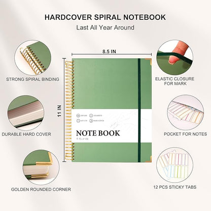 FLYING EAGLE Large Spiral Notebooks for Work School College Ruled Notebook 8.5 x 11 with Tab Stickers A4 Hardcover Journal Note Book for Women Men Writing Note Taking Supplies, 220 Pages, Green