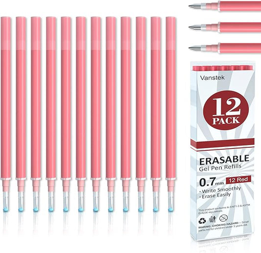 Vanstek 12 Red Erasable Gel Pen Refills, Gel Ink Refills Compatible with Frixion & Friction Erasable Pens, Fine Point 0.7 mm, Perfect for Writing Planner & Crossword Puzzles