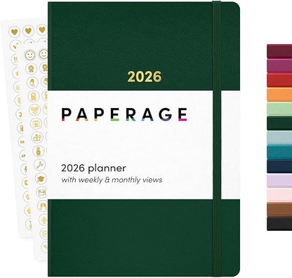 PAPERAGE 2026 Weekly & Monthly Planner, 12 Months (January 2026 - December 2026), 5.6 in x 8 in, Hardcover 2026 Planner with Weekly & Monthly Spreads, Note Pages, Stickers & Back Pocket – Dark Green