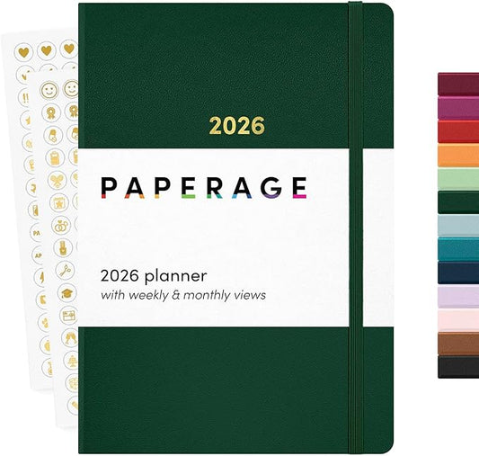 PAPERAGE 2026 Weekly & Monthly Planner, 12 Months (January 2026 - December 2026), 5.6 in x 8 in, Hardcover 2026 Planner with Weekly & Monthly Spreads, Note Pages, Stickers & Back Pocket – Dark Green
