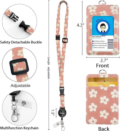 bolimoss Cute Leather Badge Holder and Adjustable Retractable Lanyards, Quick Release Buckle and Safety Breakaway Lanyards with Swivel Metal Clasp for Offices, Teacher, Student (Pink Groovy Flowers)