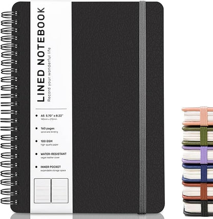 Black Lined Spiral Journal Notebook with 160 Pages, 8×5.7in, A5 Spiral Notebook, Journaling Notebooks for Work, School, Women, Men, College Ruled Spiral Notebook, Hardcover Leather Journals