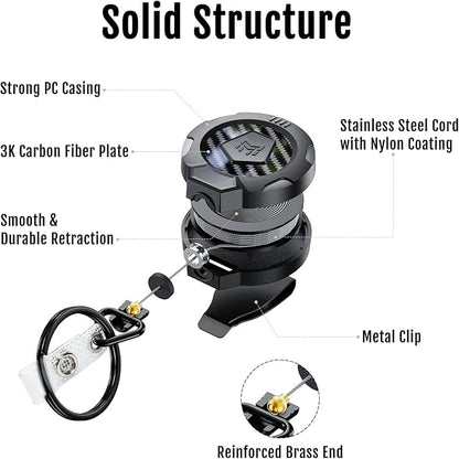 MNGARISTA Upgraded Heavy Duty Retractable Keychain with Belt Clip, 10 OZ Retraction, 31.5" Stainless Steel Cord, 3K Carbon Fiber ID Badge Reel with Badge Strap and Key Ring