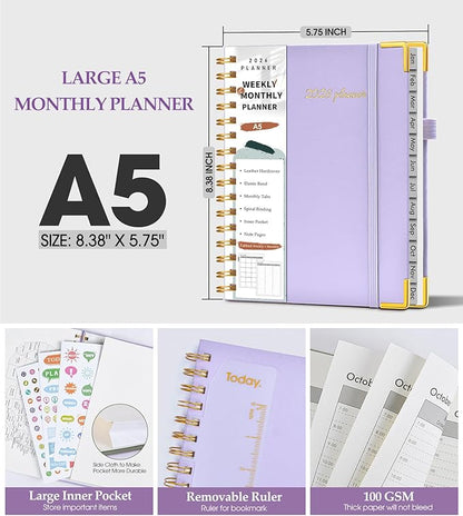 2026 Planner, Weekly and Monthly Calendar Planner from January 2026 - December 2026, 5.75" x 8.38" Hardcover Leather Hourly Appointment Book with Tabs, A5 Spiral Daily Planners for College School Work Home, Purple