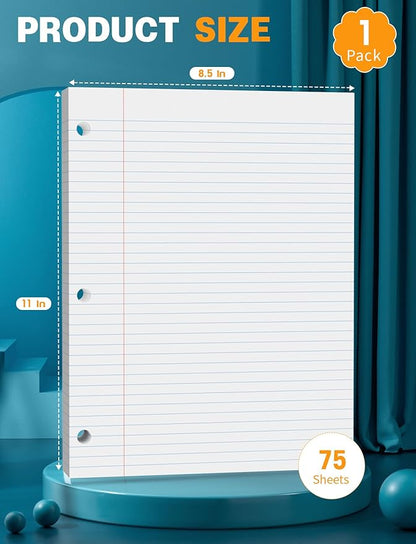 Loose Leaf Paper, 75 Sheets, Filler Paper 8.5 x 11, 3 Hole Pouched, Standard, Wide Ruled Loose Leaf Notebook Paper 8.5 x 11 Inch for Binder, A4 Loose Leaf Filler Paper for Work School Student, White