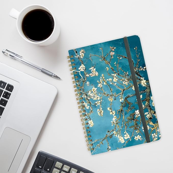 Spiral Notebook - A5 Spiral Notebooks, 8.3'' × 5.8'', 160 Pages, Aesthetic Journaling Notebooks for Women, College Lined Notebook with Elastic Closure, Back Pocket, for School Office, Plum blossom