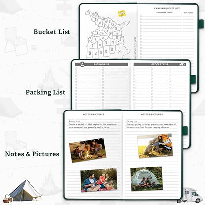 Camping Essentials: Camping Journal and RV Travel Log Book - A5 Adventure Book for Memories, Travel Journal for Men and Women, Family RV Travel Camping Logbook Accessories - Green