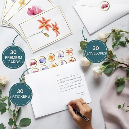 Blank Cards, 30 Pack Blank Greet Cards, Elegant Gold Foil Blank Note Cards with Envelopes, Blank Greeting Cards, Perfect Stationary Set For All Occasions, 5 Assorted Floral Designs