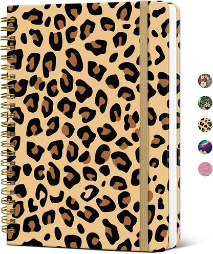 Lined Spiral Journal Notebook for Women, Pretty A5 College Ruled Hardcover Notebook for Work & Note Taking, Cute Aesthetic Journal for Writing, 140 Pages, Leopard