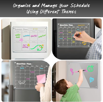 DIYMAG 3Pcs Acrylic Magnetic Dry Erase Calendar for Fridge, Clear Acrylic Calendar Planning Board Set Magnetic Weekly Monthly Planner Menu for Refrigerator with 6 Highlight