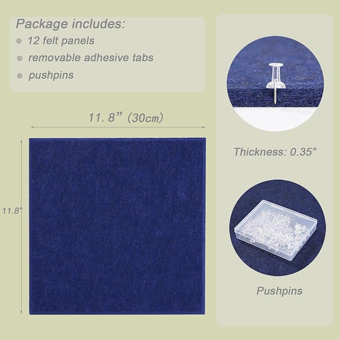 LAJAR Large Felt Wall Tiles, 12 Pack Cork Board Alternative with Removable Adhesive Tabs, Bulletin Pin Boards for Office, School and Home (Dark Blue)