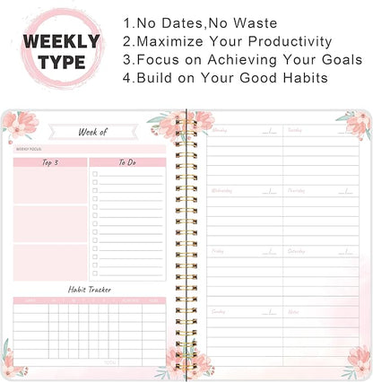 KMQOY Weekly Planner - Undated 52-Week To Do List Notebook with Habit Tracker Spiral Weekly Planner Notebook for Weekly Goals/Work Planner, 5.8" * 8" - pink flower