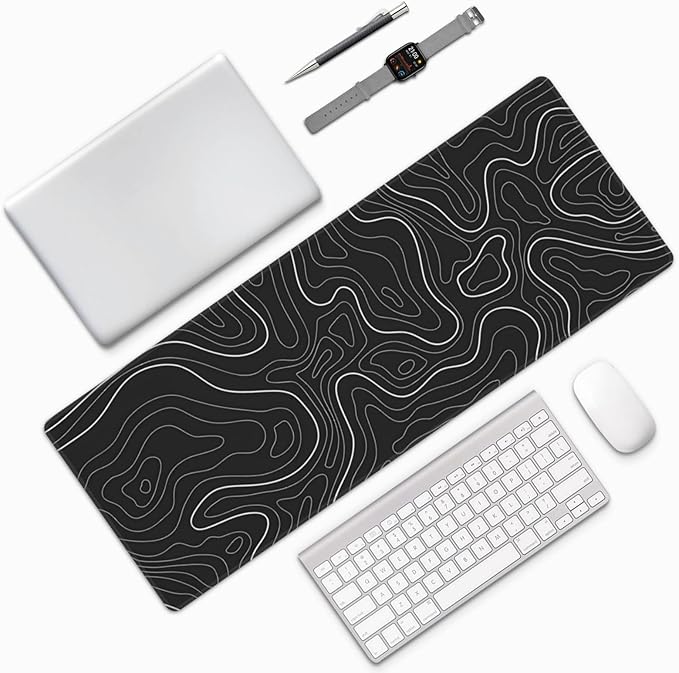 Extended Gaming Mouse Pad, Large Gaming Mouse Waterproof with Stitched Edges, Non-Slip Desktop Pad for Home and Office, Level Up Your 31.5x11.8 Inch… (Black Topographic)