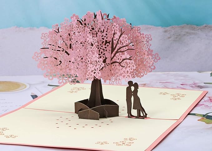 PENTA ANGEL Handmade Cherry Blossom Card Pop Up 3D Flower Card Romantic Love Letter Greeting Anniversary Wedding Valentine Birthday Gift Card Blank Stationery Paper Card for Her Him Husband Wife