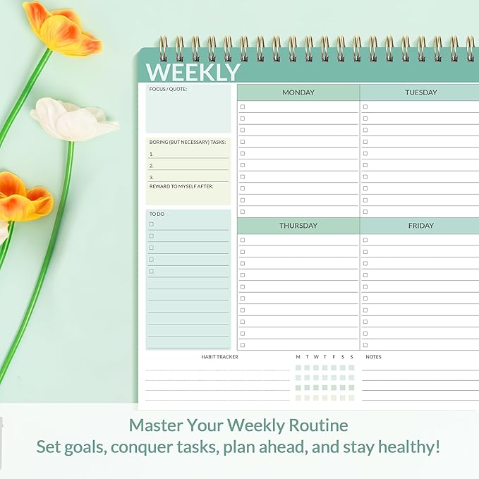 SUNEE Weekly To Do List Notepad - Last for 2 Years, 52 Undated Sheets, 8.5"×11", Spiral Weekly Desk Planner Pad for Adults and Kids, School, Home & Office - Green