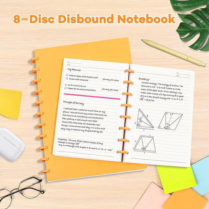 Discbound Notebook, 8-Disc Disbound Planner with Removable Pages, 180 Pages Spiral Notebook, Poly Cover Discbound Planner for Work, Travel, Note Taking(With Index Sticker),Orange,A5