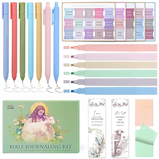 XKDOUS Bible Study Supplies Journaling Kit for Women, Bible Study Kit, 12 Pastel Bible Highlighters and Pens No Bleed, 75 Laminated Bible Tabs, 2 Bible Bookmarks and More