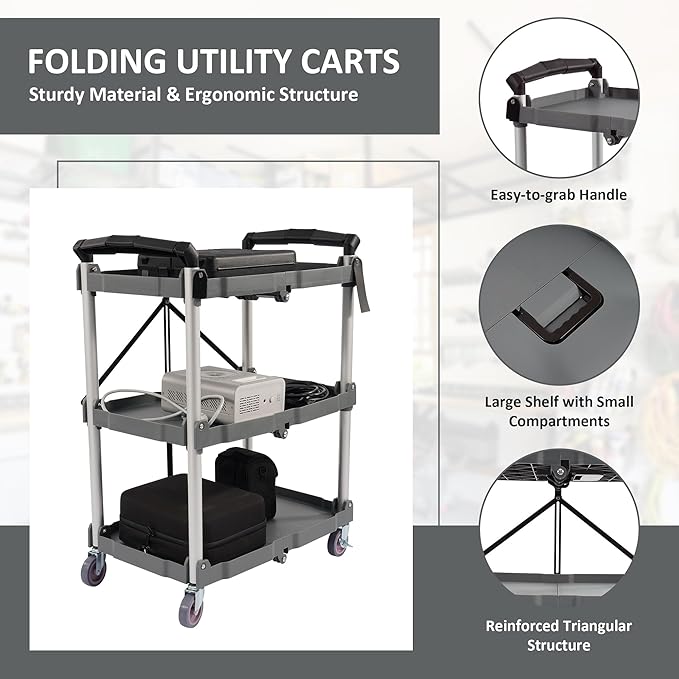 ELEVON Portable Folding Collapsible Service Cart Foldable Service Cart 3 Tier Collapsible Push Cart Folding Utility Carts with Wheels for Office Warehouse Home, Black