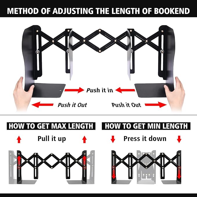 Adjustable Bookends, Metal Book Ends for Heavy Book, 2 Dividers, Nonslip Book Stander for Desk, Shelf, Office, Stationery Gift, Extends up to 19 inches (Black)