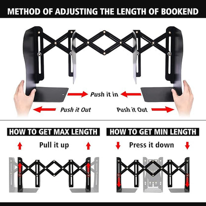 Adjustable Bookends, Metal Book Ends for Heavy Book, 2 Dividers, Nonslip Book Stander for Desk, Shelf, Office, Stationery Gift, Extends up to 19 inches (Black)