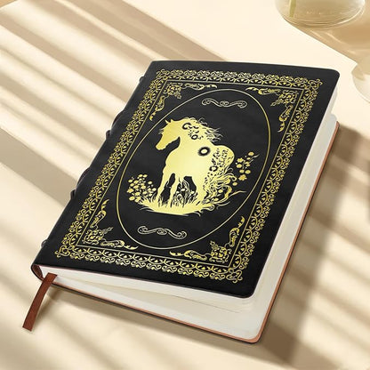 Black A5 Horse Gifts for Women Girls Faux Leather Vintage Notebook Inspirational Horse Trainer Gift Hardcover Executive Notebook,200 Pages 120 Gsm Thick Ruled Paper With Pen,Horse Lover Gifts Equestrian Gift (Horse Black)