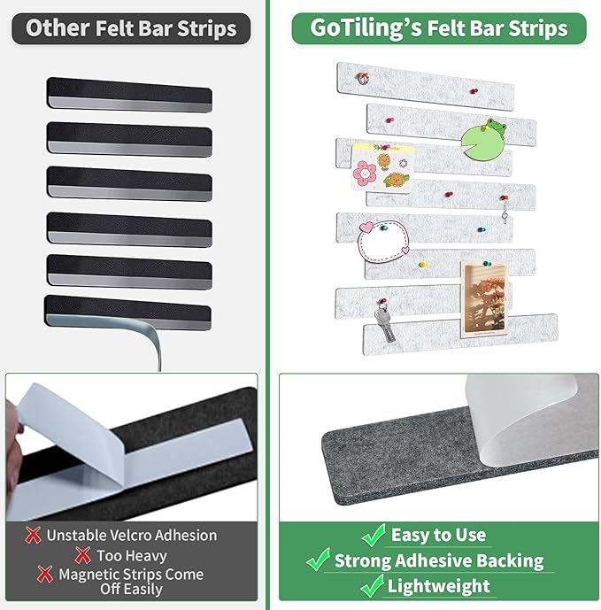 Cork Board for Walls - 8 Pack Felt Pin Board Bar Strips - Self-Adhesive Lightweight Bulletin Board - Cork Board for Office with 40 Push Pins No Damage for Wall