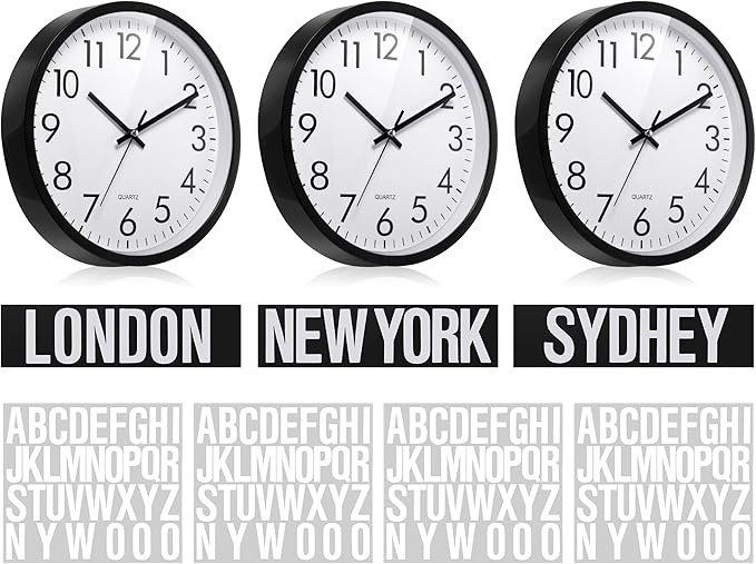 Sasylvia 3 Pcs 10 Inch Wall Clock Battery Operated Round Clock with 3 Pcs Black Acrylic Sheets 4 Sheets of Self Adhesive Vinyl Letter Stickers Alphabet Stickers for School Office Home