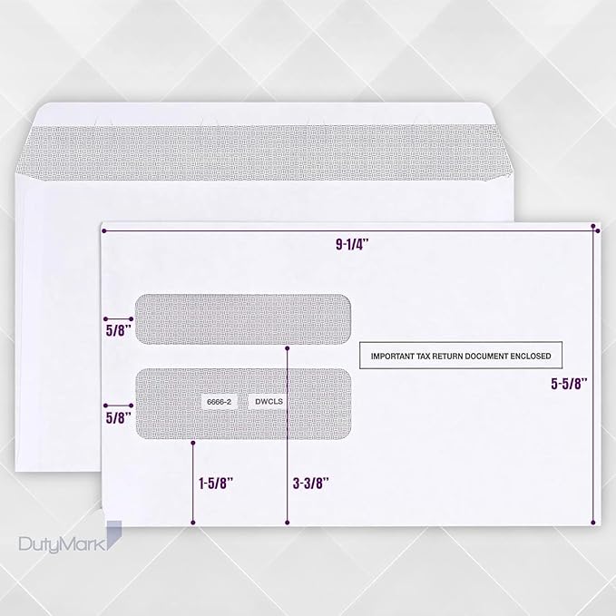 W2 Envelopes, Designed for Printed W2 2 Up Laser Tax Forms, For QuickBooks Desktop and Other Tax Software, 5 5/8’’ x 9’’, 25 Form Envelopes Gum Seal, NOT for QB Online W2s.