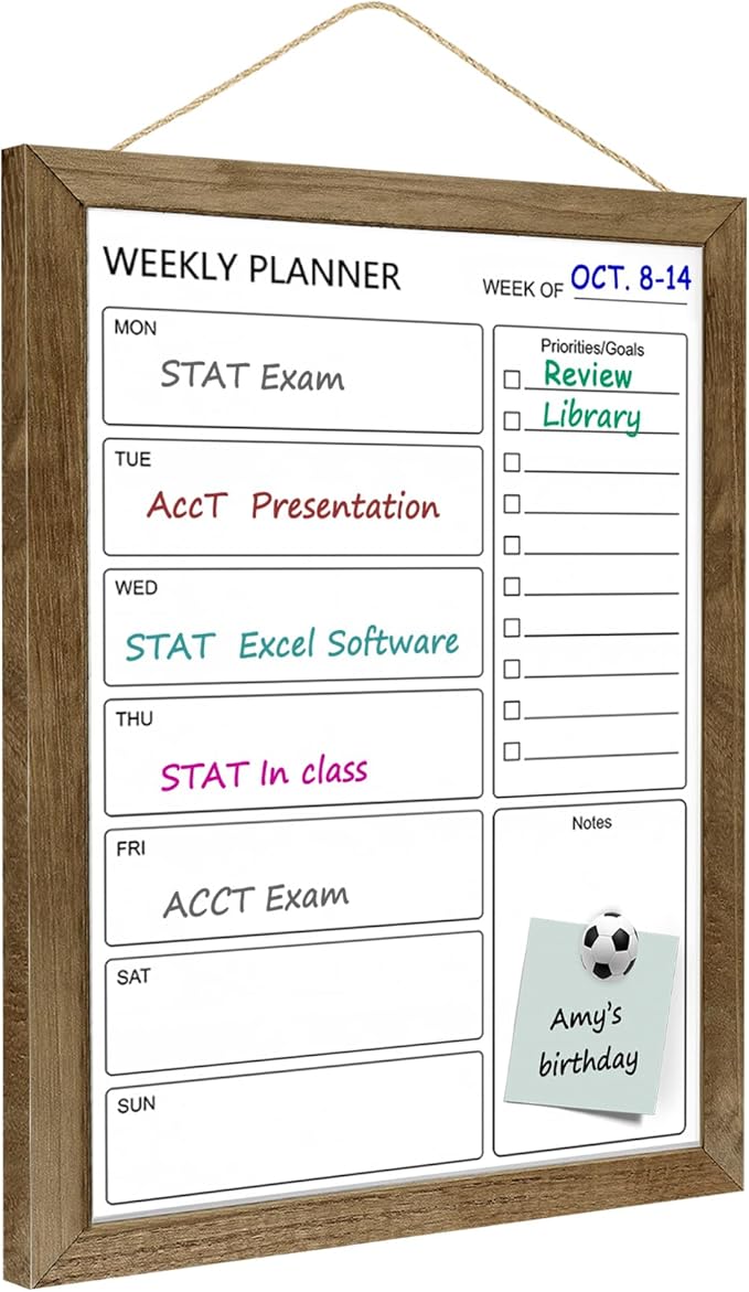 Dry Erase White Board Weekly Calendar Board, Magnetic Whiteboard for Wall,13“x17 Solid Wood Rustic Brown Framed Message Board, Planner Board for Office, Home, School(Weekly-BB-RB-3343)