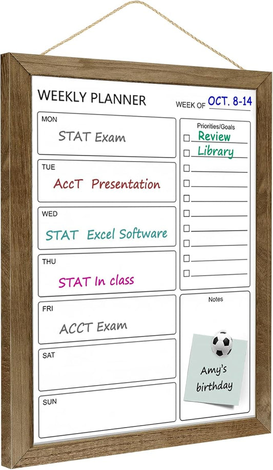 Dry Erase White Board Weekly Calendar Board, Magnetic Whiteboard for Wall,13“x17 Solid Wood Rustic Brown Framed Message Board, Planner Board for Office, Home, School(Weekly-BB-RB-3343)
