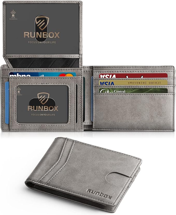 RUNBOX Wallet for Men Slim Rfid Leather 2 ID Window With Gift Box