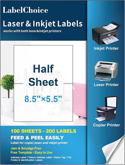 100 Sheets 200 Labels Half Sheet Self Adhesive Shipping Labels for Laser & Inkjet Printers, 8.5" x 5.5" Shipping Mailing Labels, 2 per Page Shipping Labels, 5 1/2 x 8 1/2 Half Sheet Labels