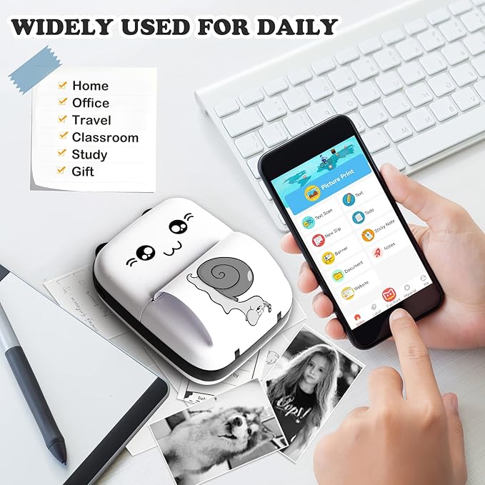 Mini Printer, Thermal Printer Sticker Maker with 10 Rolls Paper, Portable Pocket Printer for Notes, Journal, Fun, Work, Receipt Printer for Kids, Compatible with iOS&Android