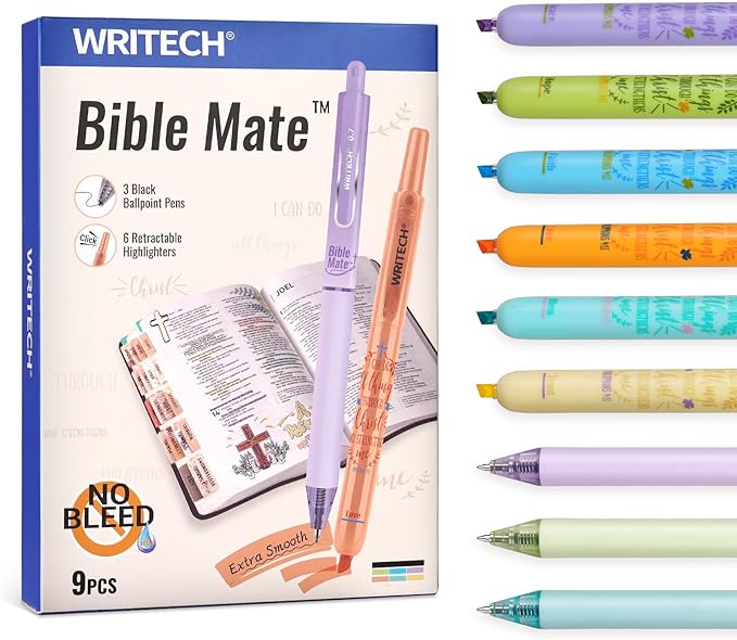 WRITECH Bible Mate Journaling Set: No Bleed Bible Highlighters & 0.7mm Black Ink Ballpoint Pens, Fast-Drying Ink, Pastel Colors Highlighter, Journaling Kit, 9ct