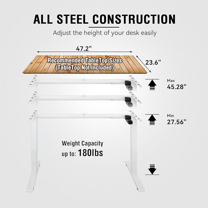 Electric Height Adjustable Stand up Desk Frame Sit Stand Desk Base with Memory Controller Ergonomic Standing Computer Table Legs Up to 45.28" for Home and Office, White Frame Only