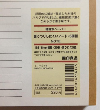 MUJI Notebook B5 6mm Rule 30sheets - Pack of 5books [5colors Binding]